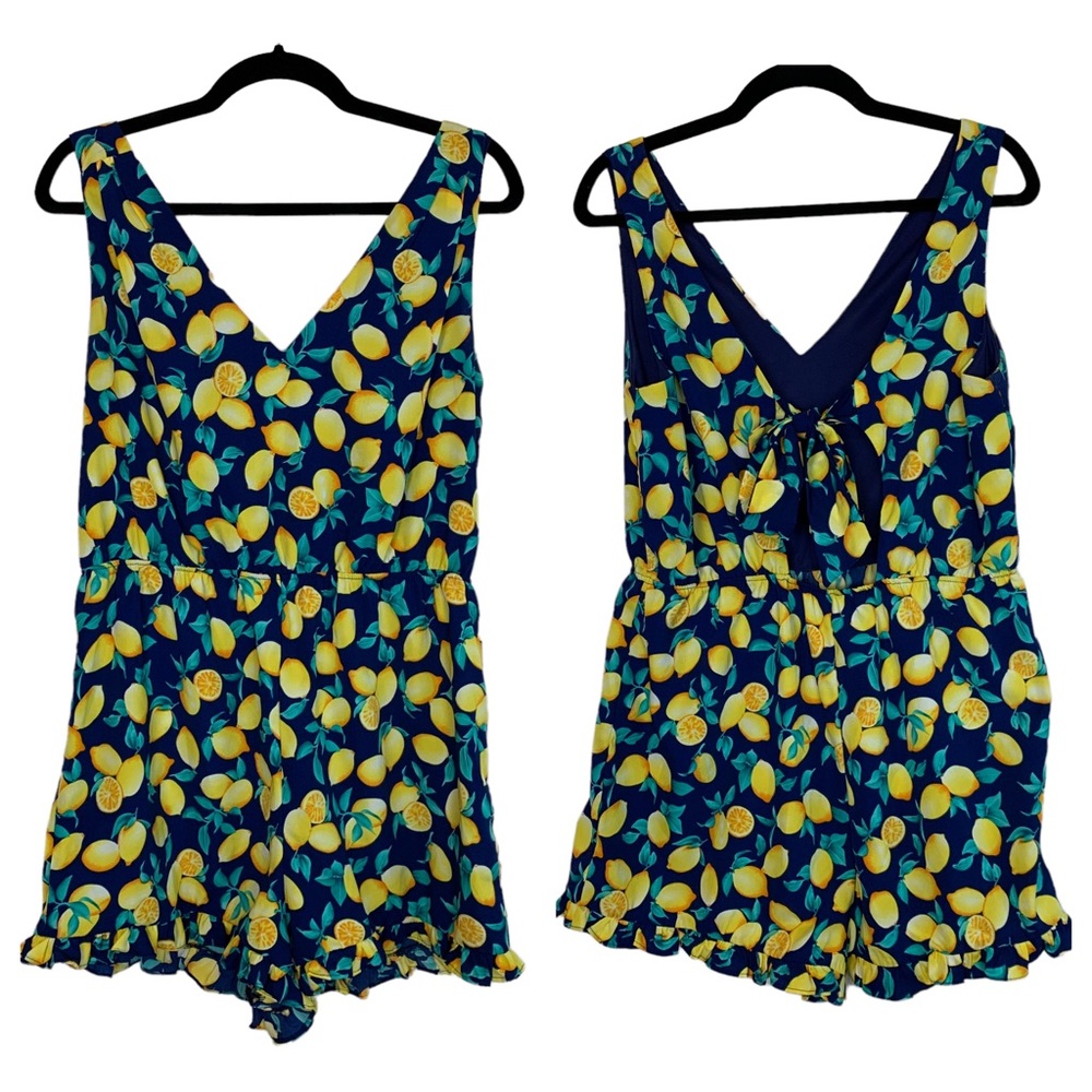 Blue Rain Lemon Printed Cutout Sleeveless Ruffled Hem Summery Playsuit Romper M